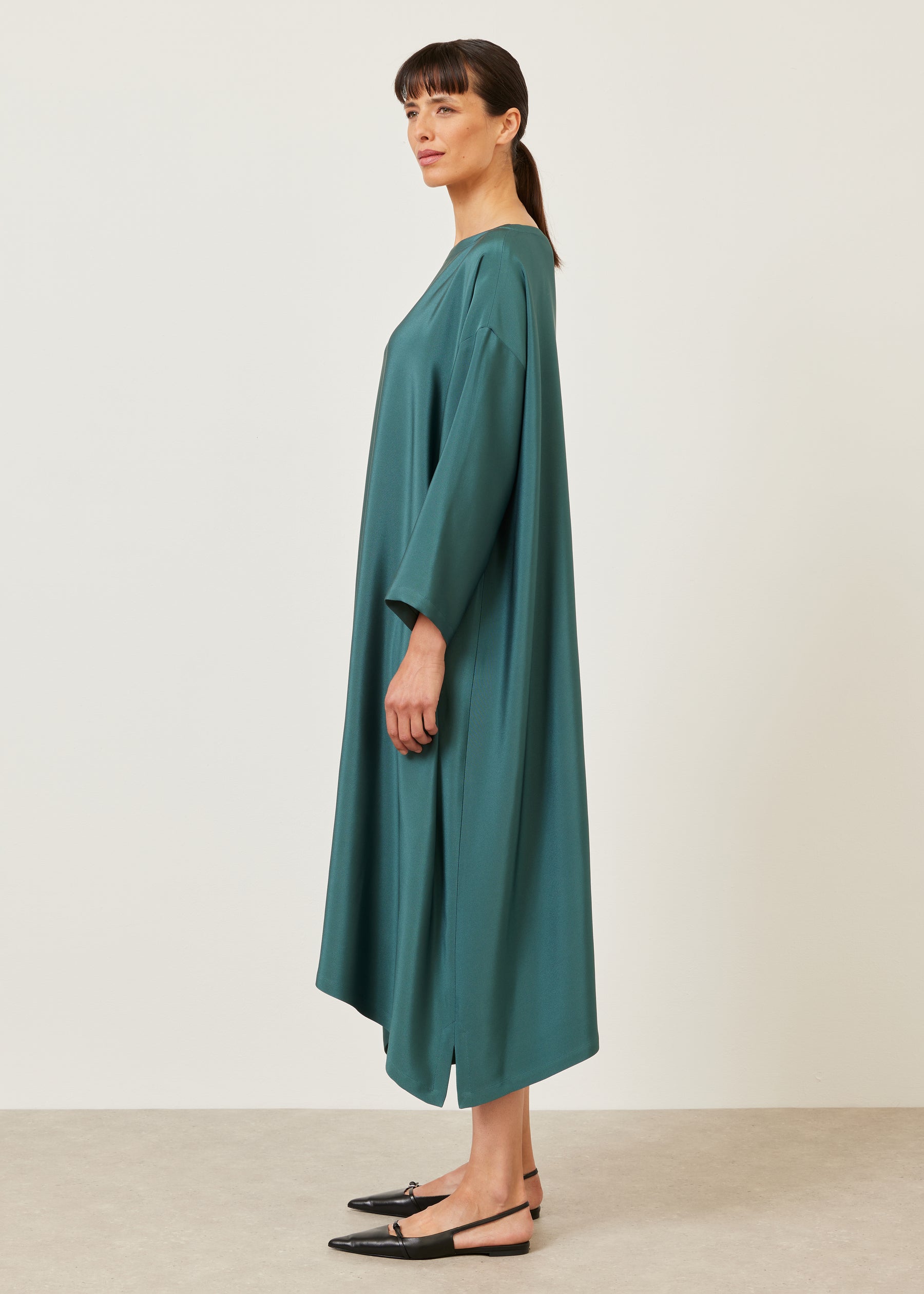 silk 3/4 sleeve wide A-line scoop neck dress - full length