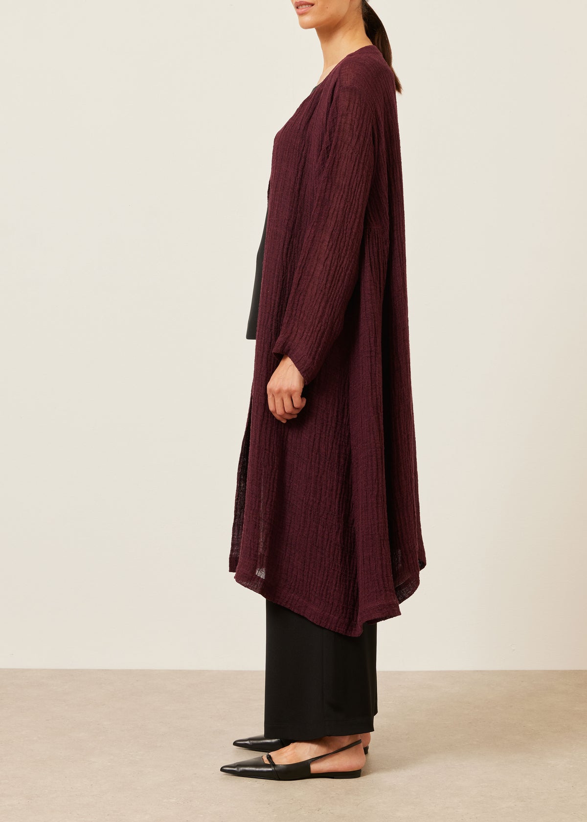 linen 3/4 length side pleated round neck coat