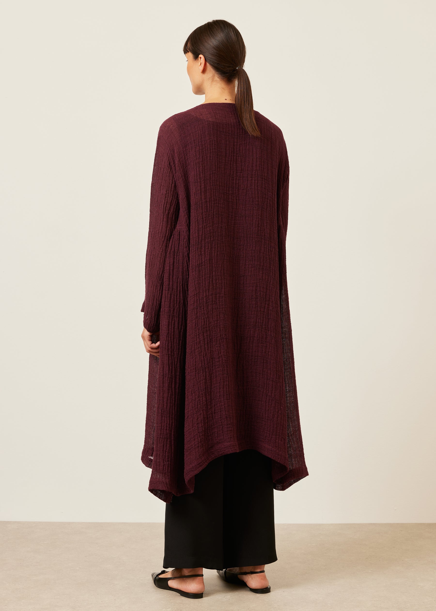 linen 3/4 length side pleated round neck coat