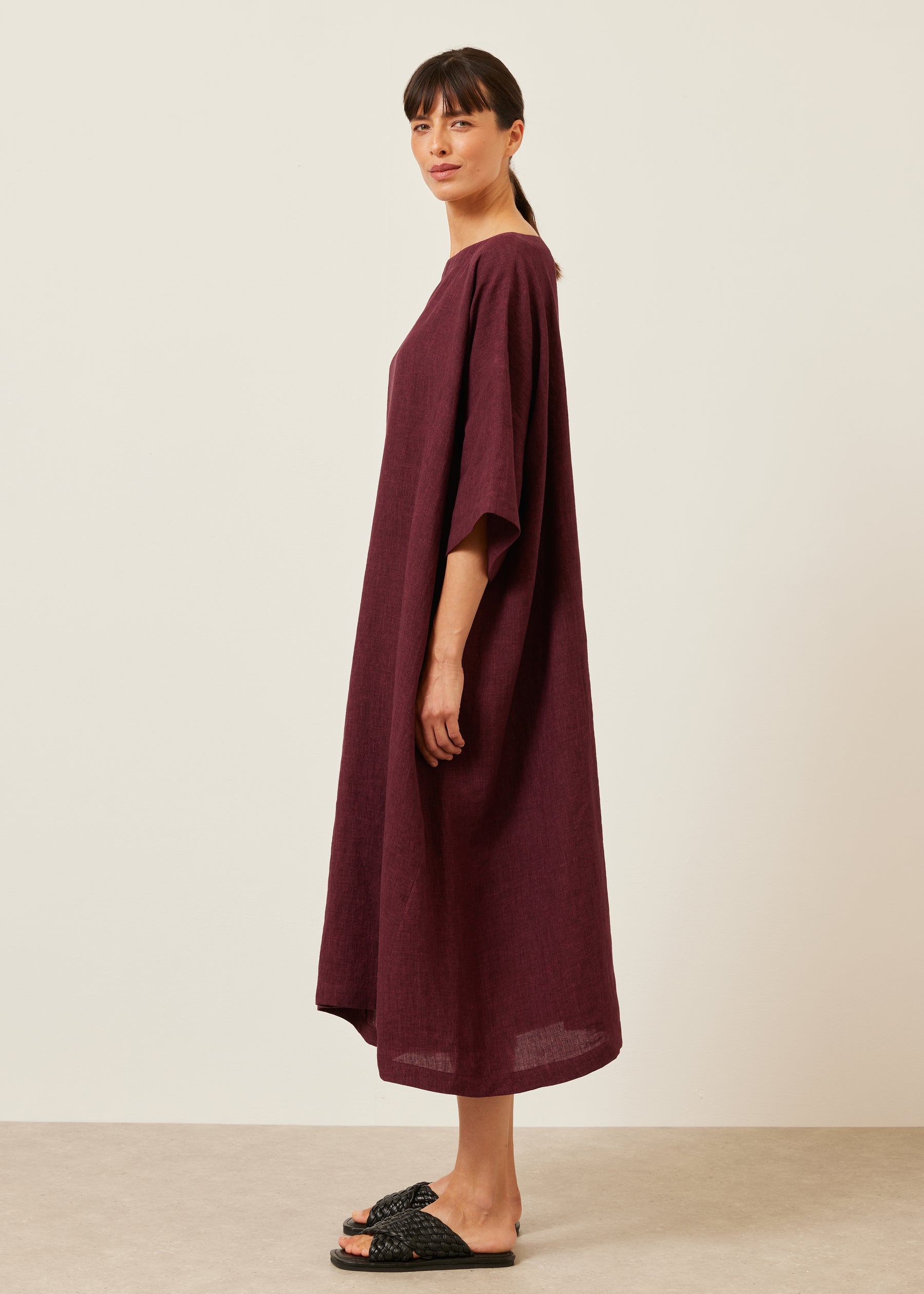 linen angle-to-front side seam scoop neck t shirt dress