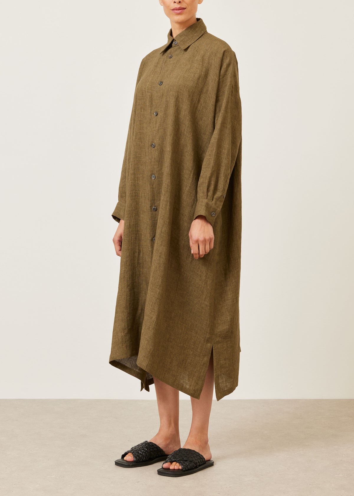 linen wide a-line shirt dress with collar