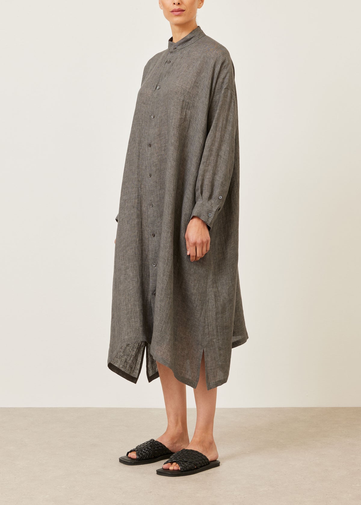 linen wide a-line collarless shirt dress