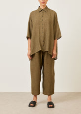 linen sloped shoulder wide a-line short sleeve shirt with collar - long