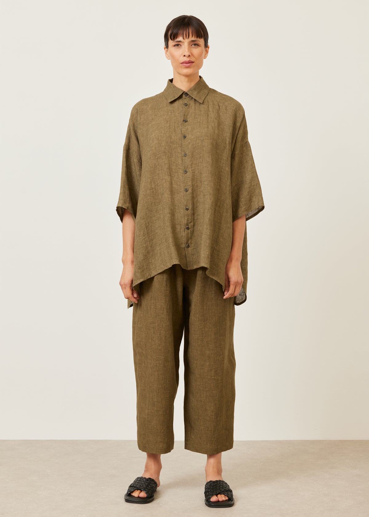 linen sloped shoulder wide a-line short sleeve shirt with collar - long