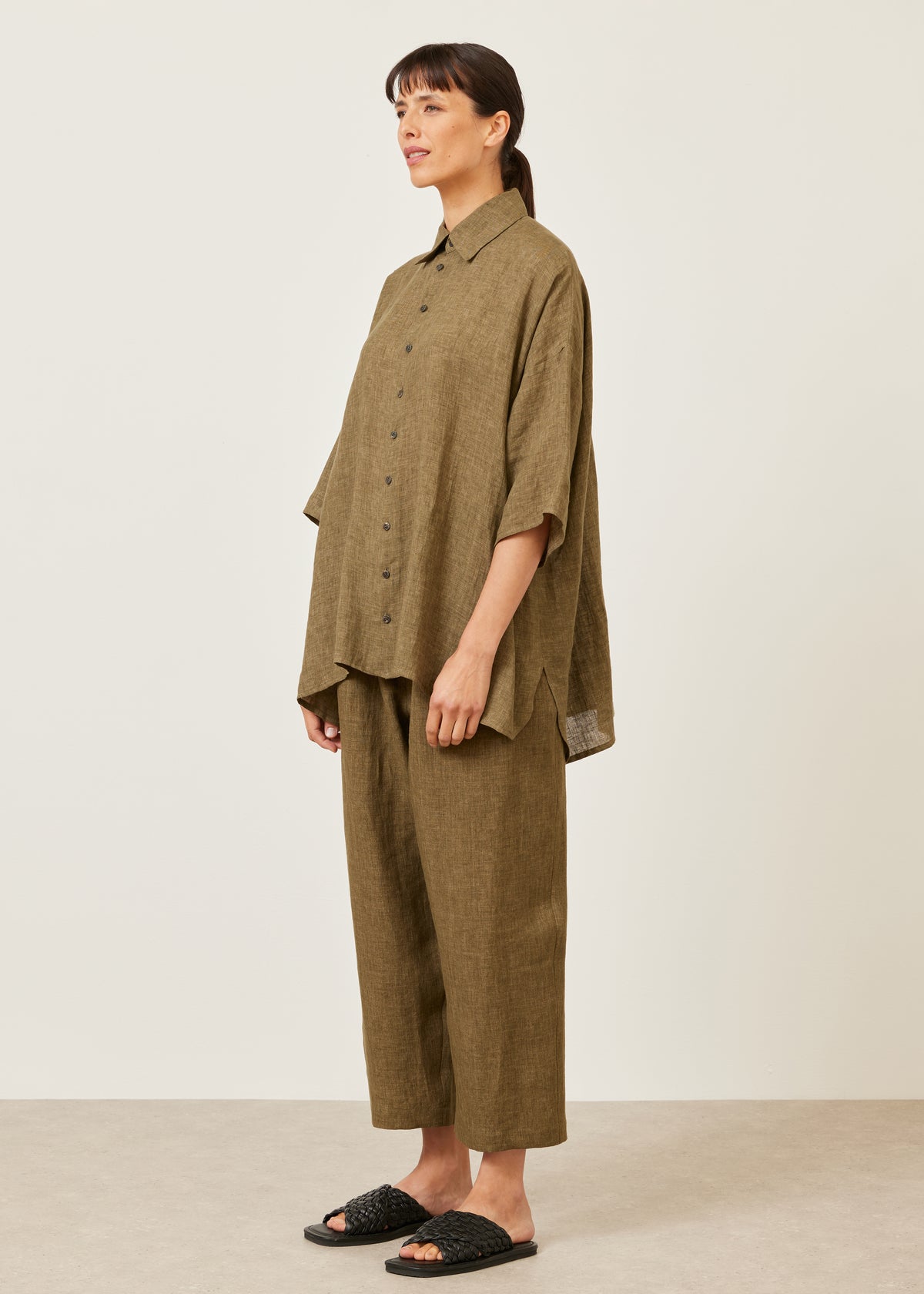 linen sloped shoulder wide a-line short sleeve shirt with collar - long