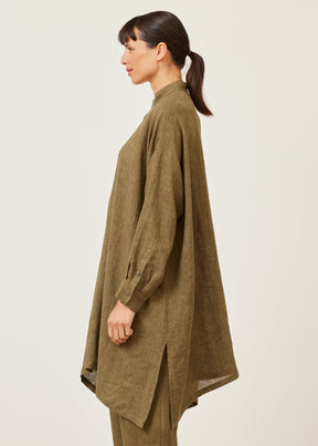 linen wide a-line collarless shirt - very long with slits