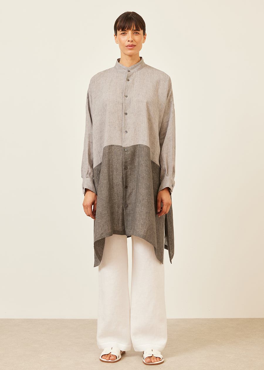 linen wide a-line collarless shirt with side slit detail - very long