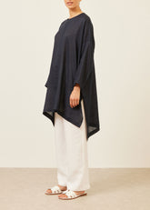 linen wide longer back bound neck shirt - very long with slits