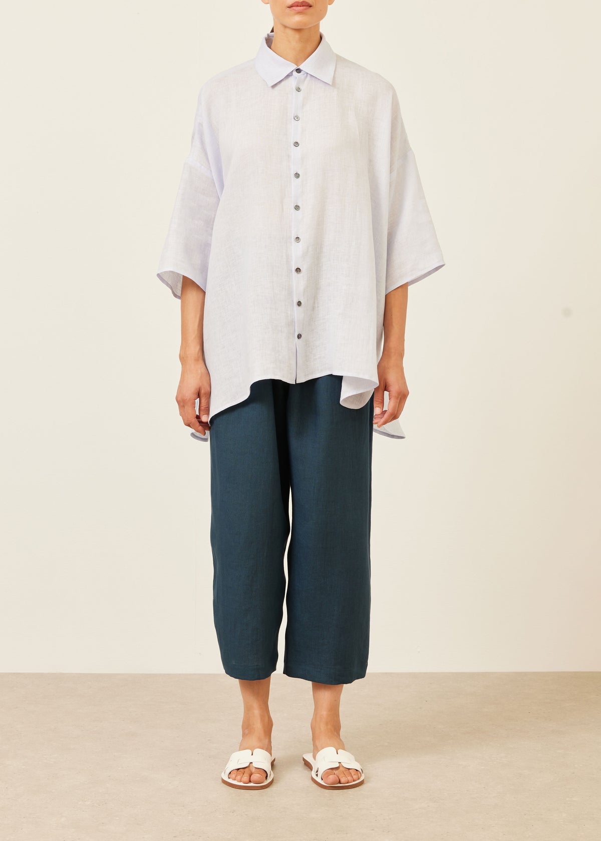 linen sloped shoulder wide a-line short sleeve shirt with collar - long