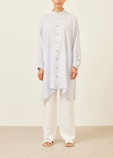 linen wide a-line collarless shirt - very long with slits