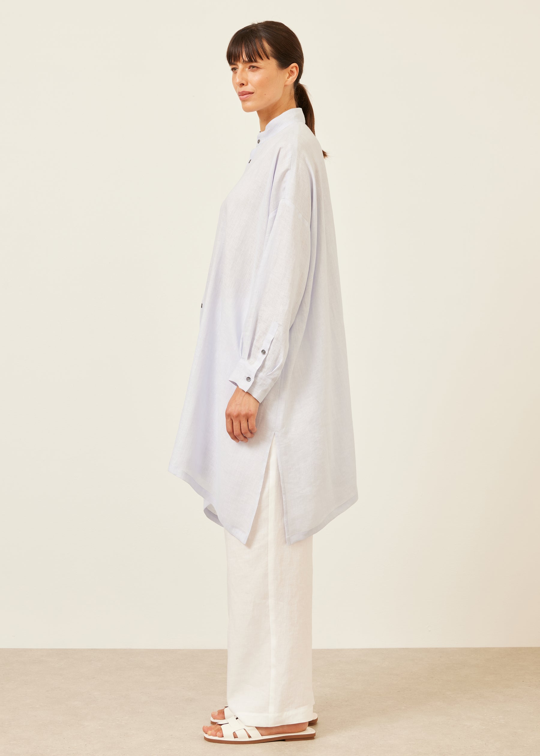 linen wide a-line collarless shirt - very long with slits