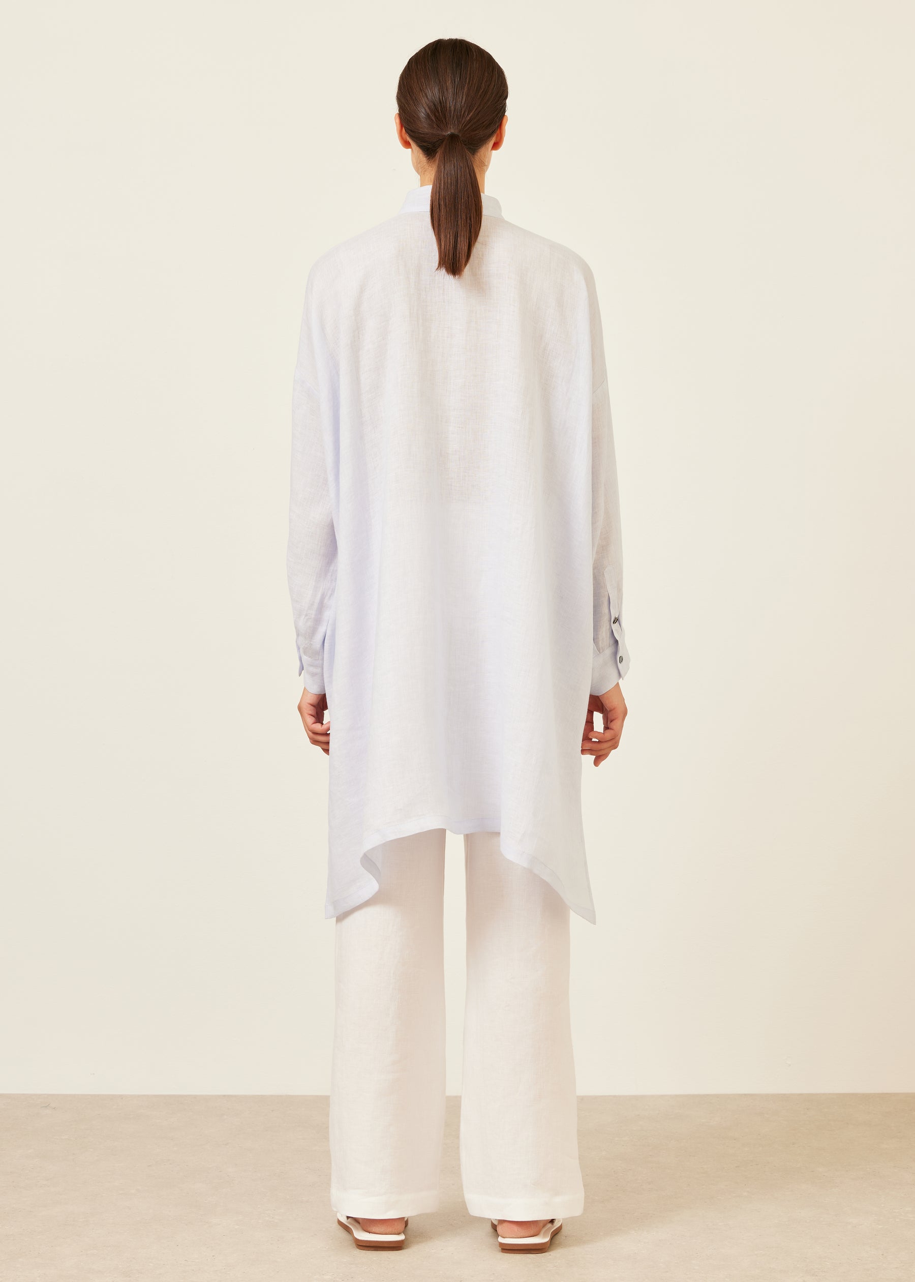 wide a-line collarless shirt - very long with slits