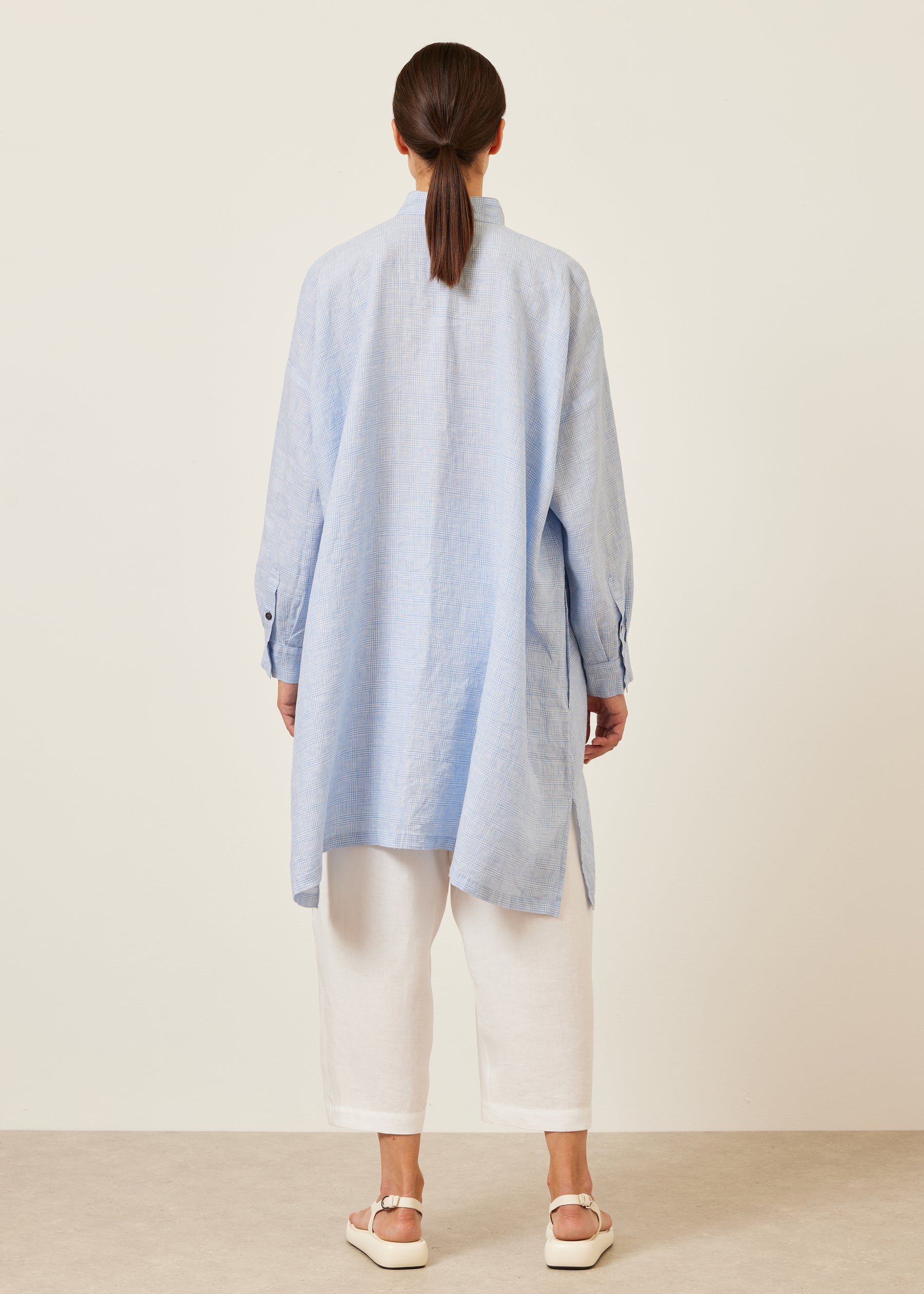 wide a-line collarless shirt - very long with slits