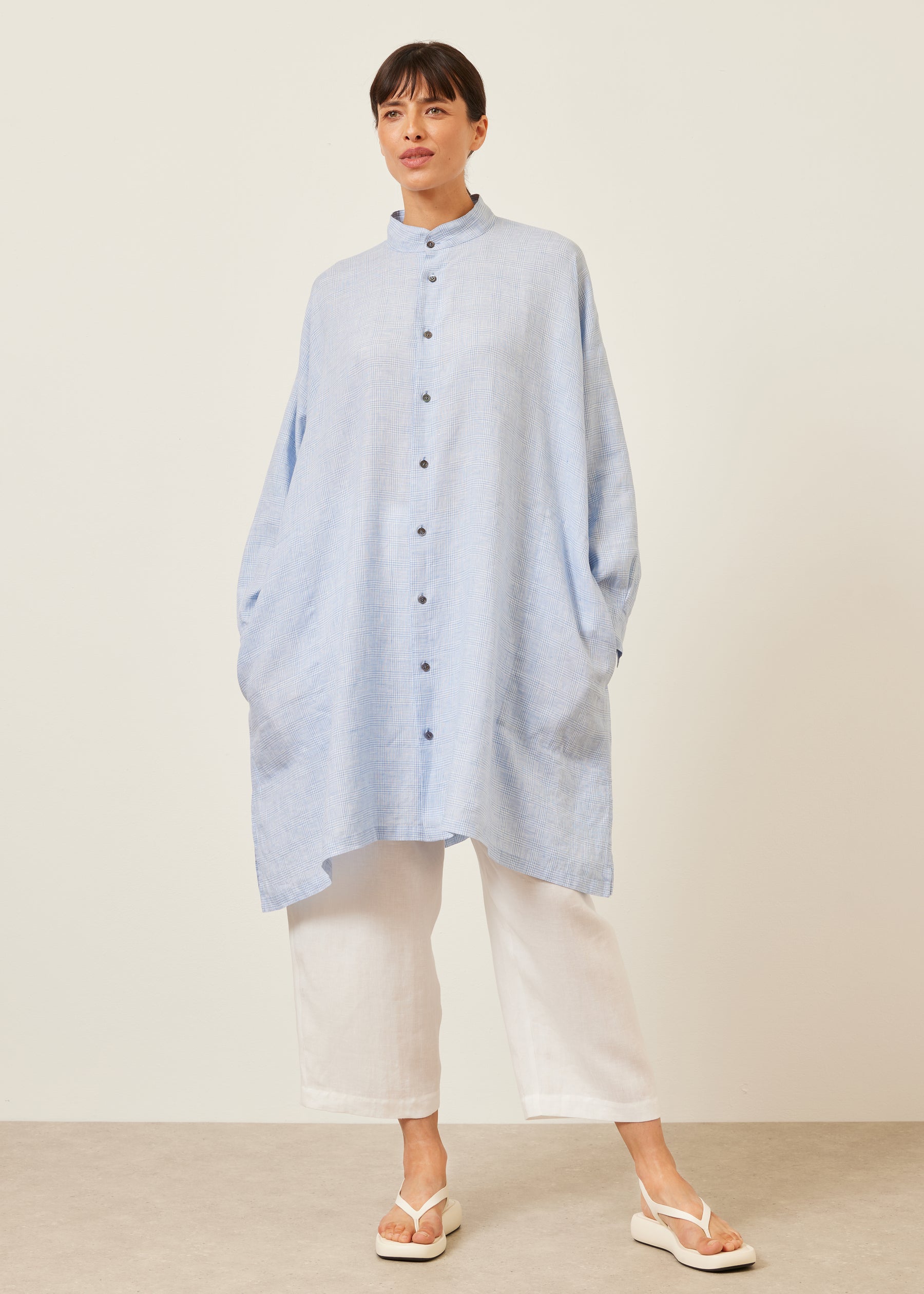 linen mix wide a-line collarless shirt - very long with slits