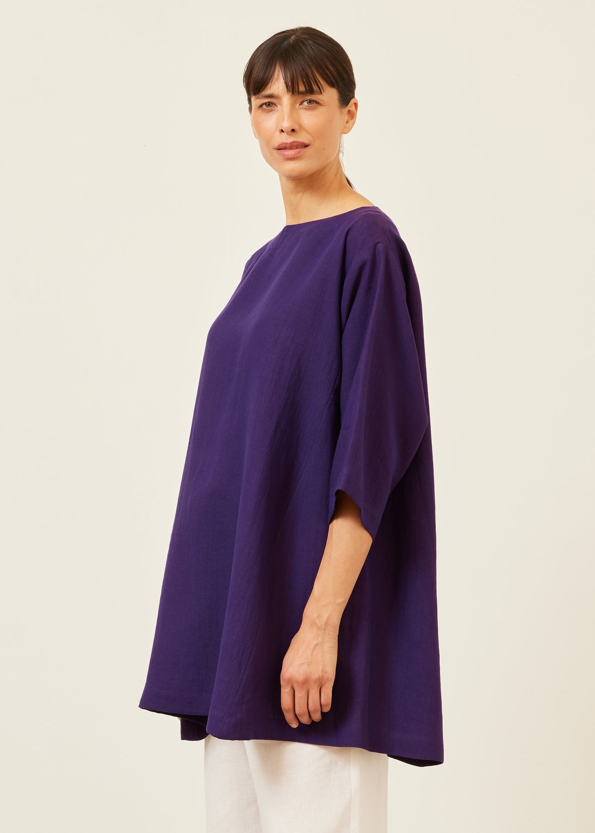 linen side panelled 3/4 sleeve scoop neck tunic  - long