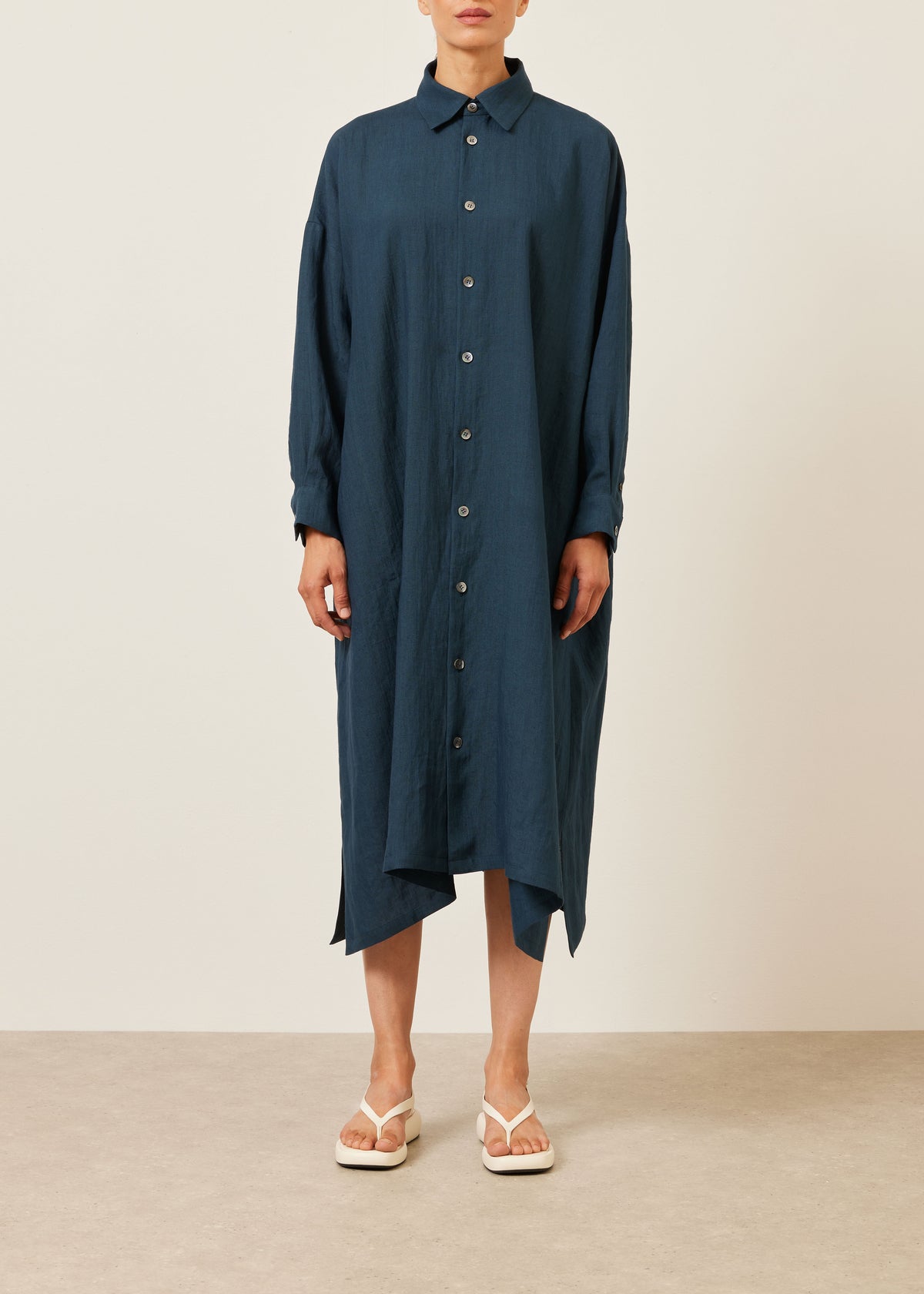 linen wide a-line shirt dress with collar