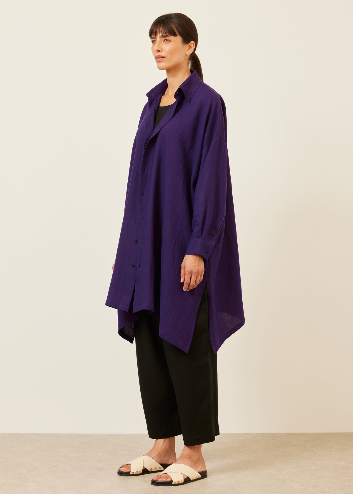 wide a-line shirt with collar - very long with slits