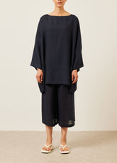 linen sloped shoulder scoop neck poncho - long plus