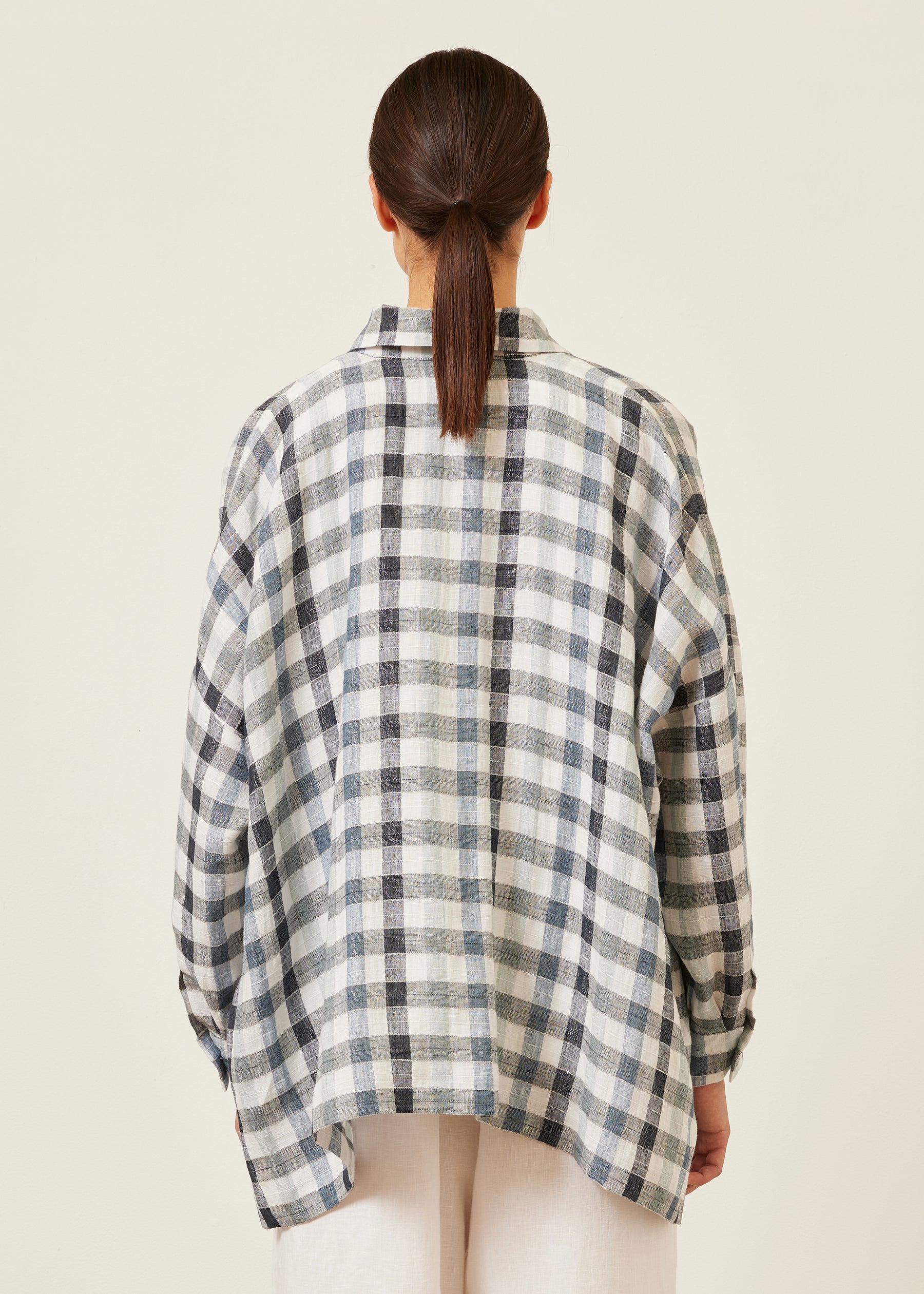 linen mix wide longer back shirt with collar - mid plus