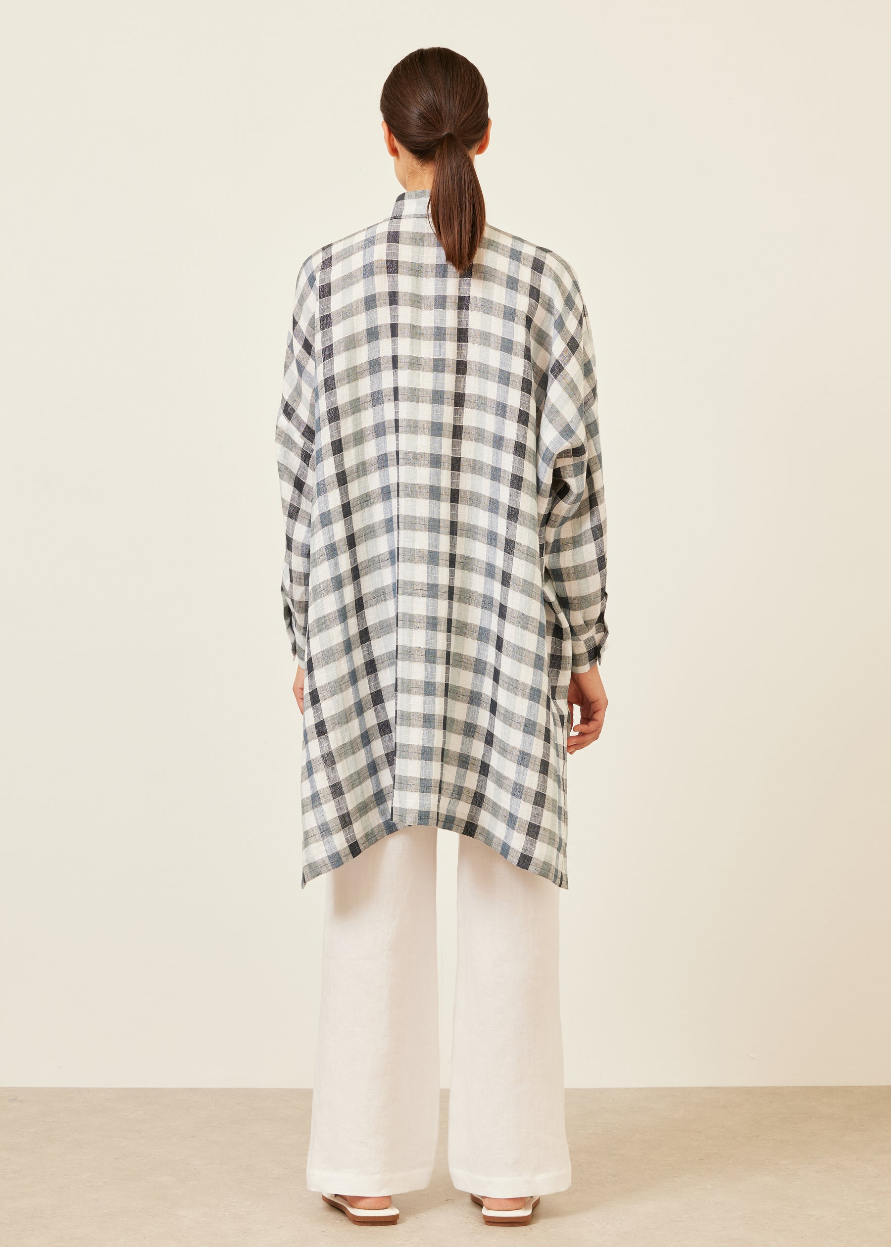 linen mix wide collarless shirt - very long with slits