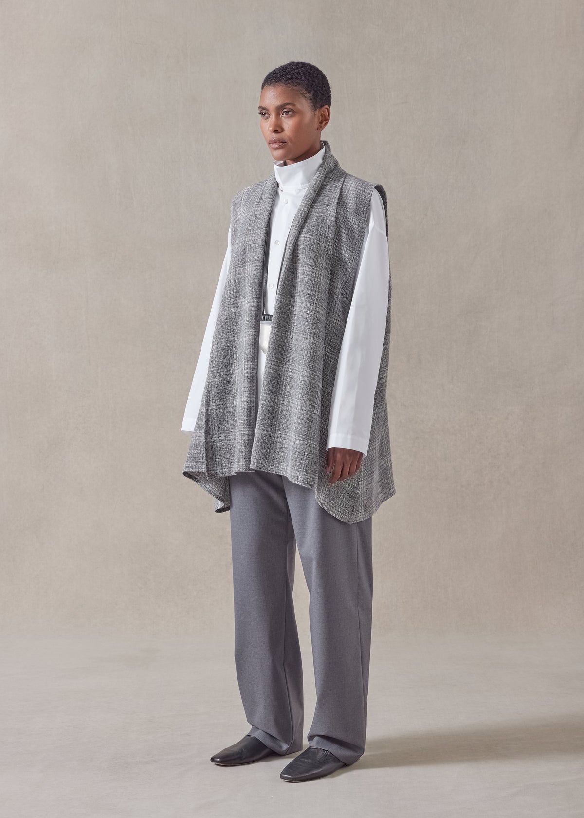 linen wool mix  a-line scrunch shawl collar waistcoat - long