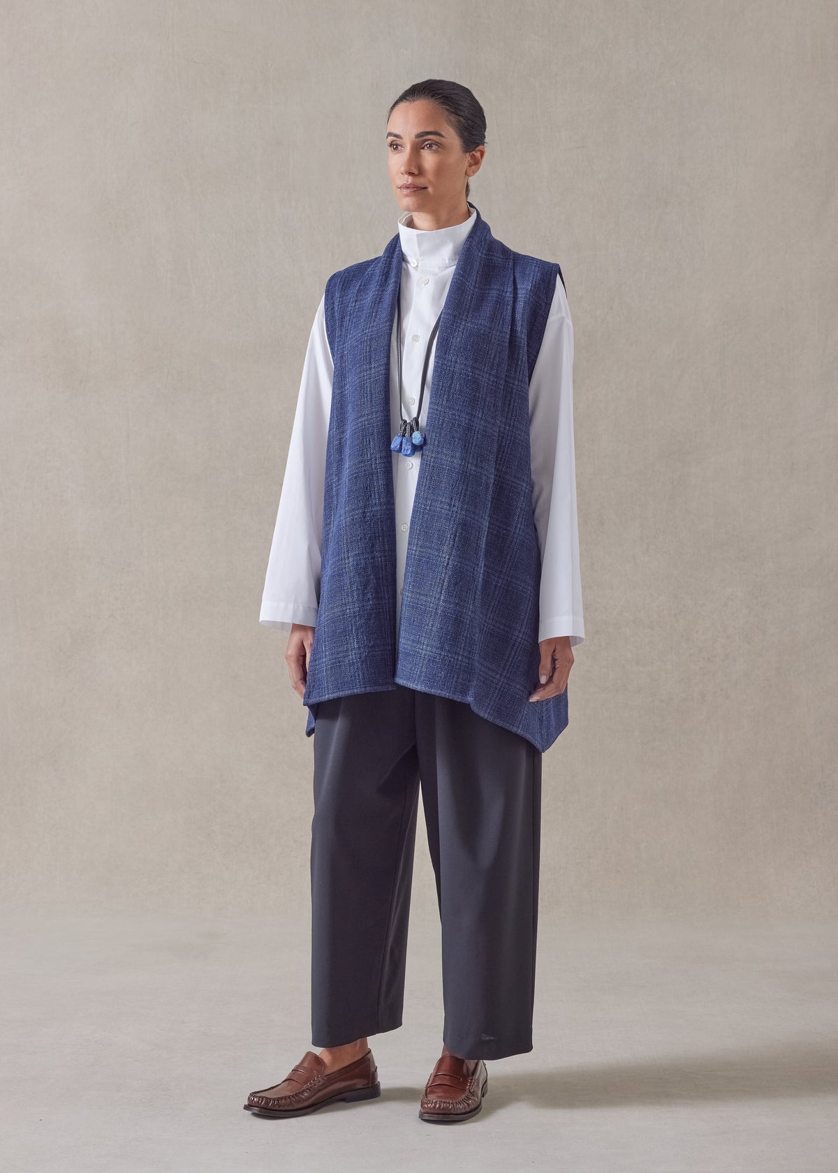 linen wool mix  a-line scrunch shawl collar waistcoat - long