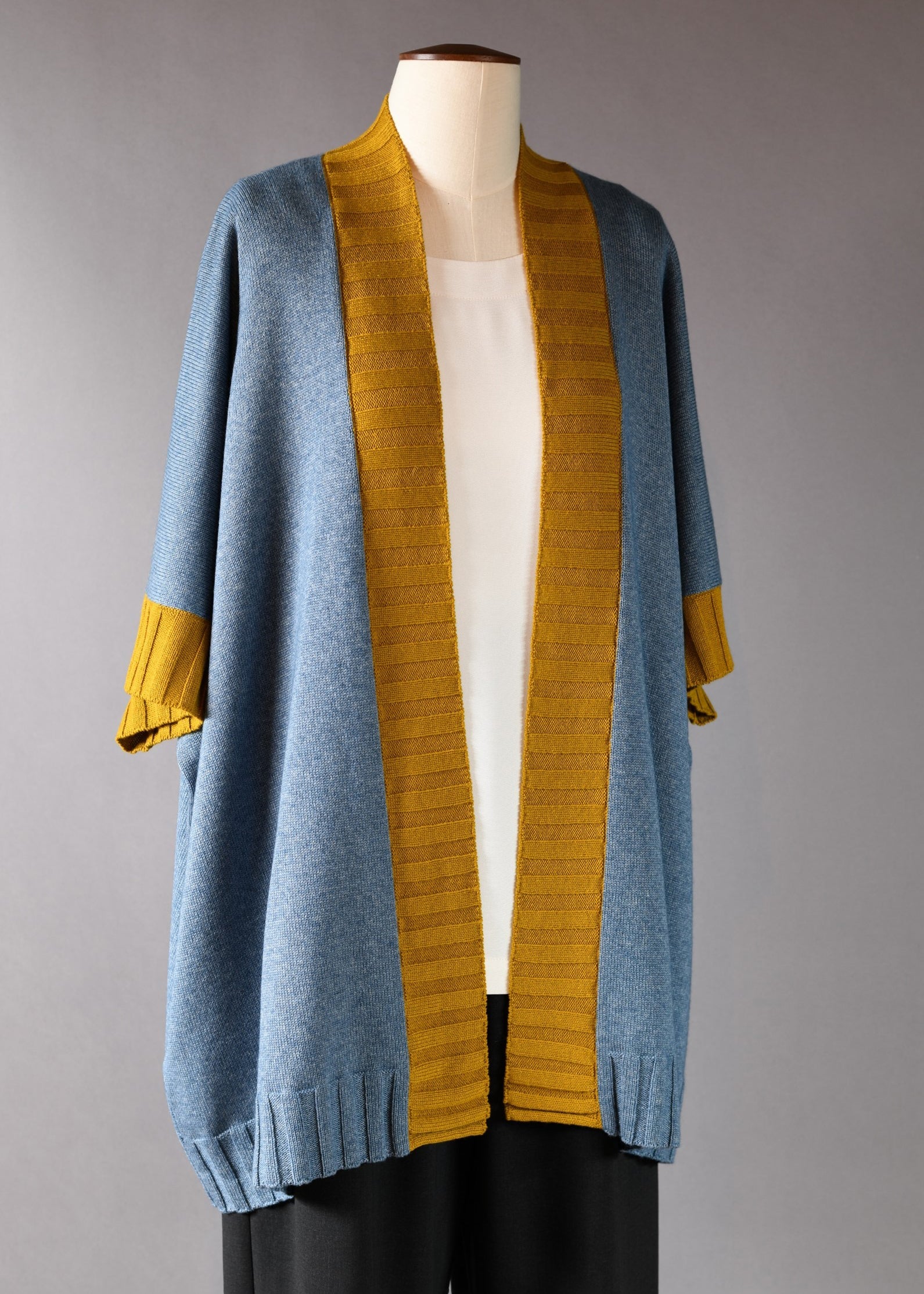 cashmere silk mix knitted 3/4 width square poncho cardigan with ribs - long