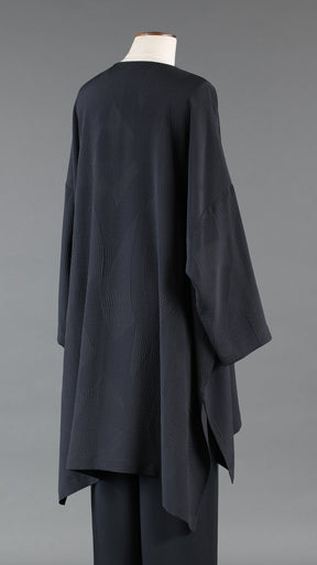 silk wide longer back bound neck shirt - very long with slits