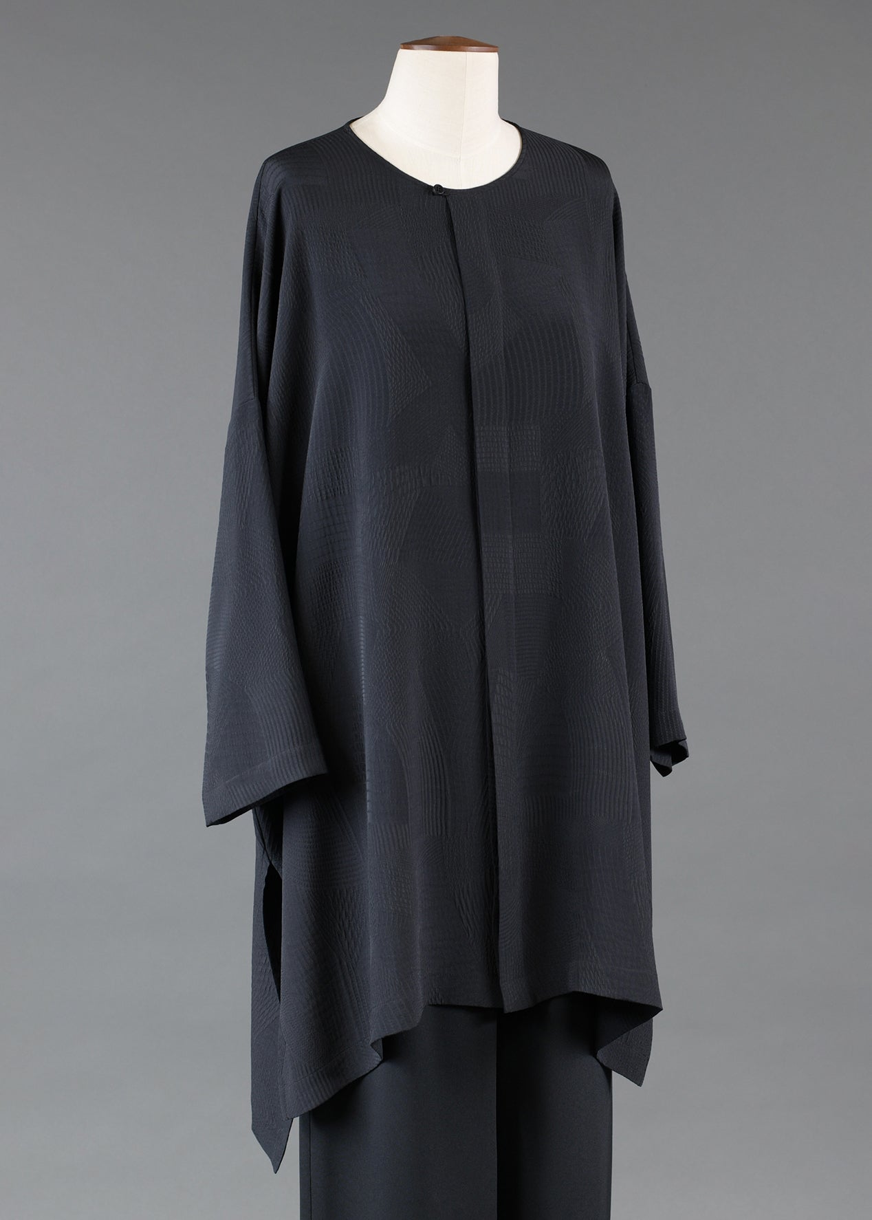 silk wide longer back bound neck shirt - very long with slits