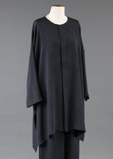 silk wide longer back bound neck shirt - very long with slits