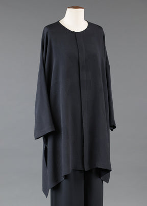 silk wide longer back bound neck shirt - very long with slits