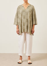 linen silk mix square 3/4 sleeve slit neck sweater - long