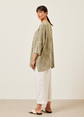 linen silk mix square 3/4 sleeve slit neck sweater - long