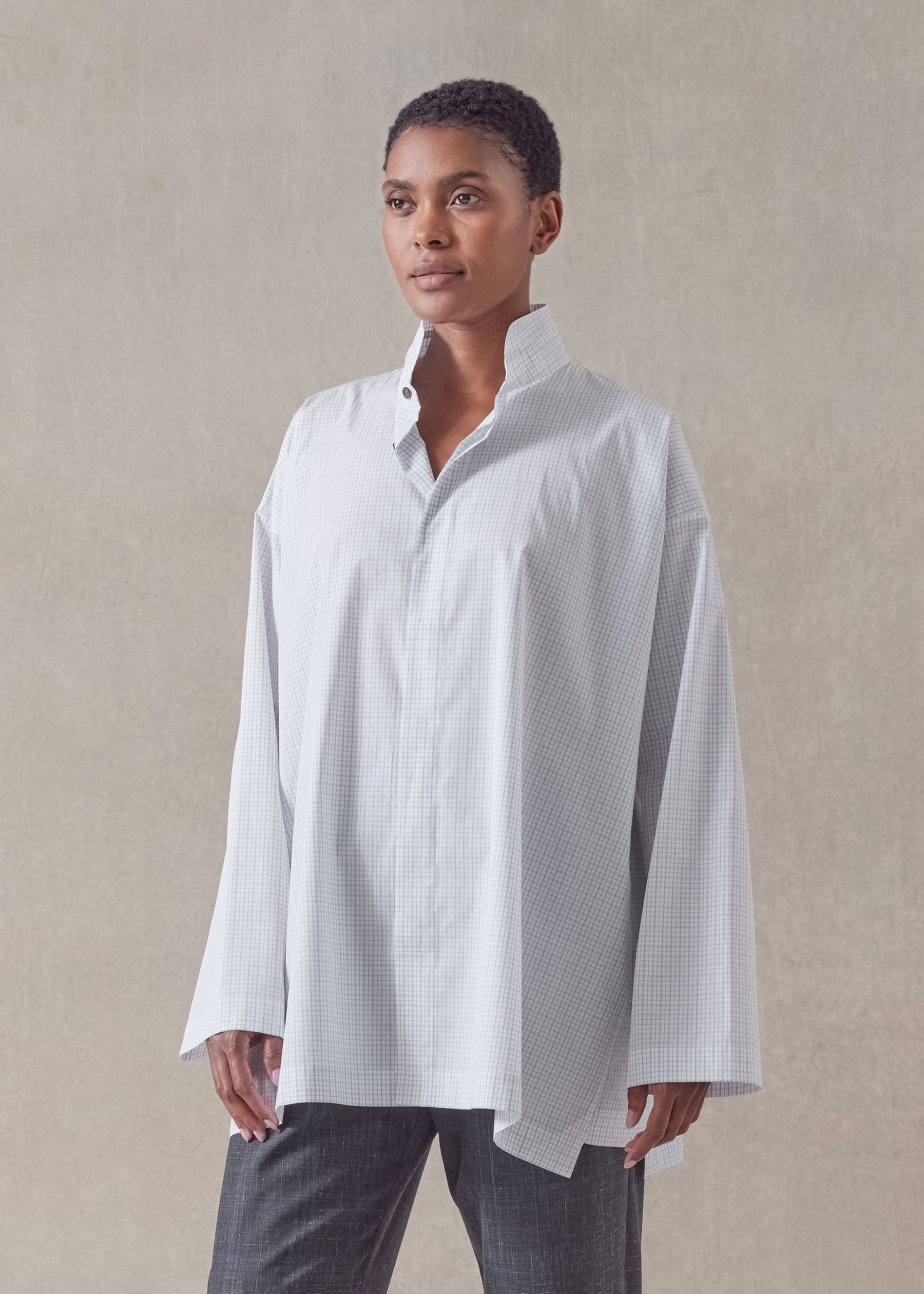 cotton slim a-line shirt with double stand collar and stepped insert - long