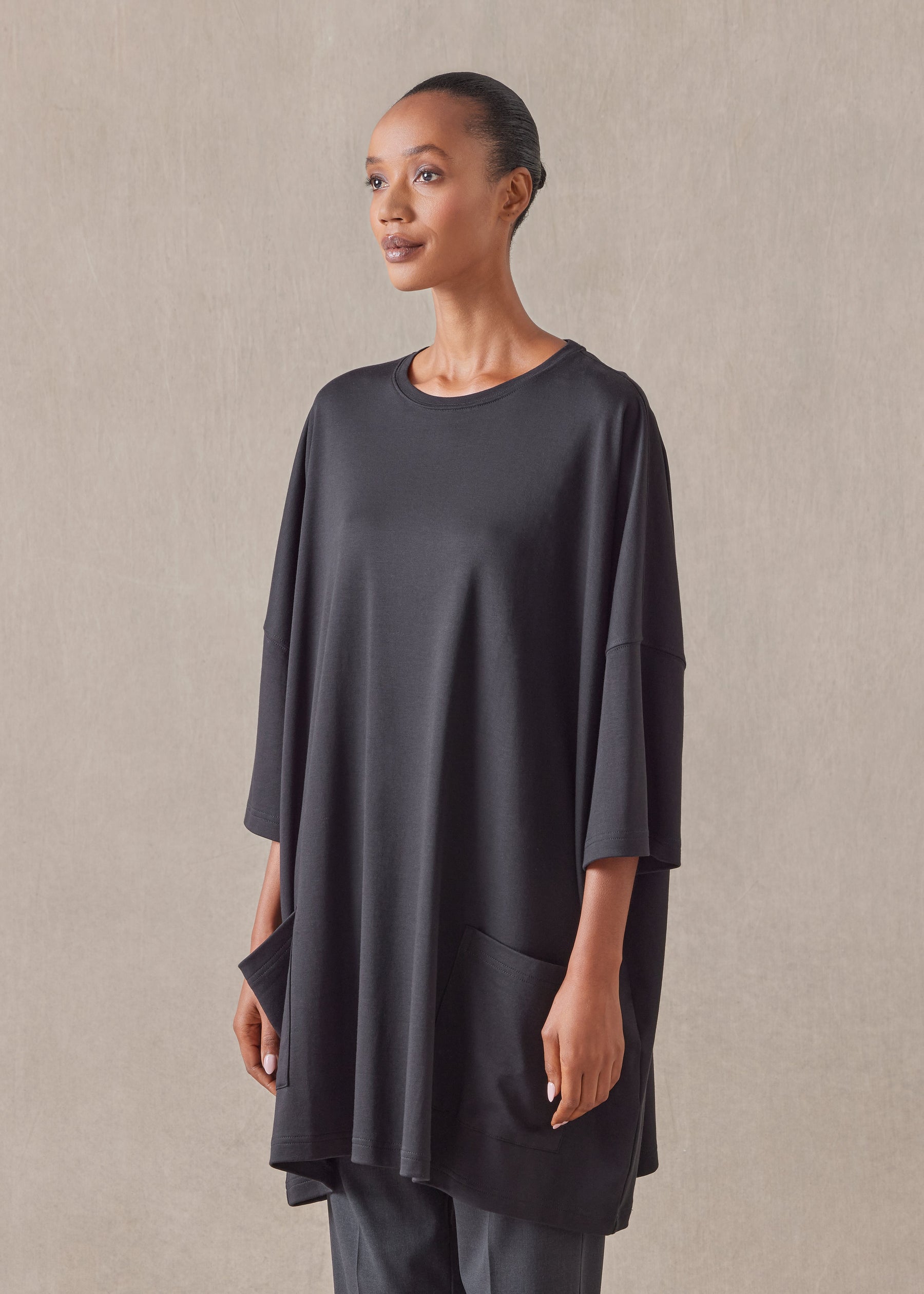 cotton jersey sloped shoulder round neck poncho - long plus