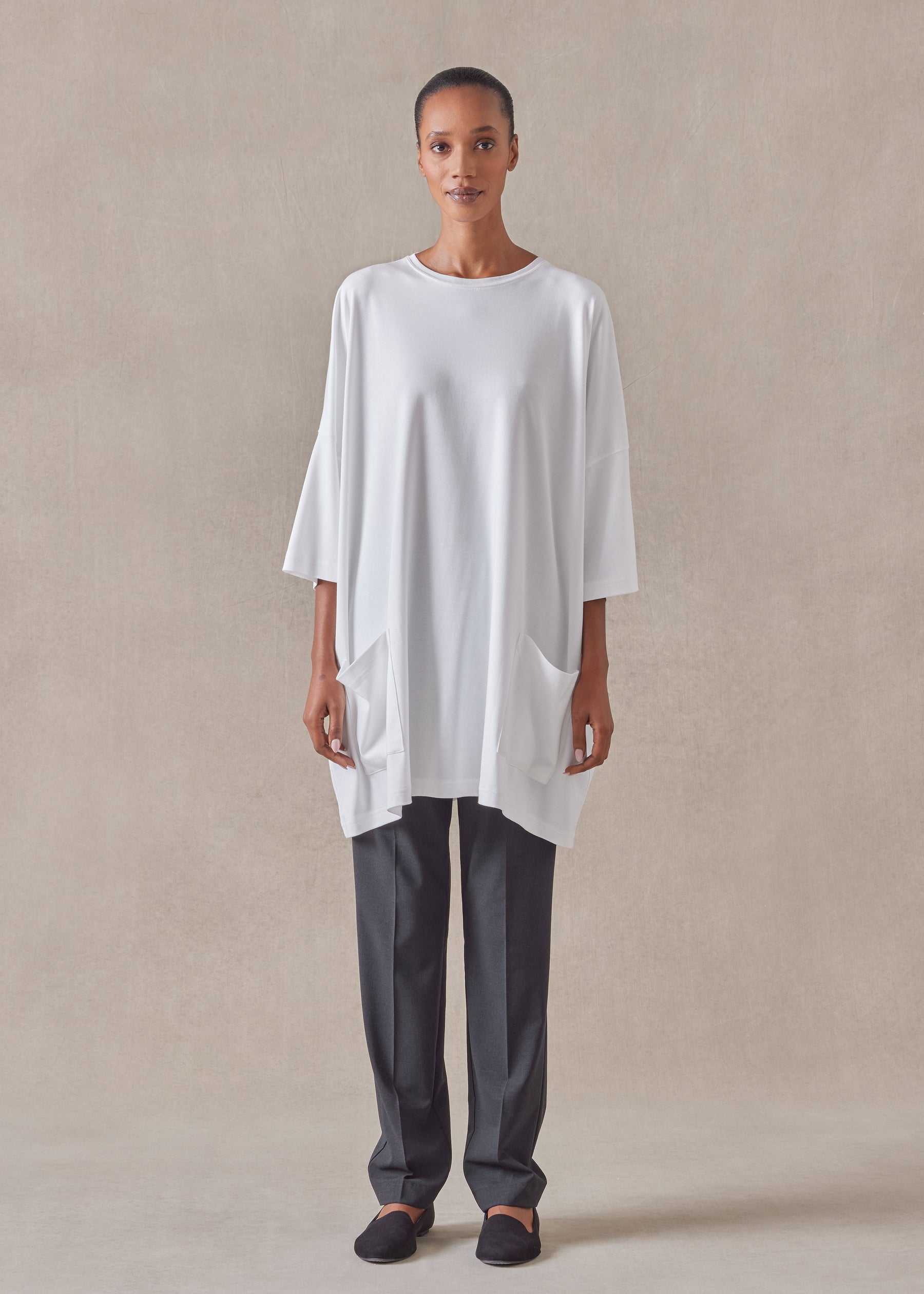 cotton jersey sloped shoulder round neck poncho - long plus