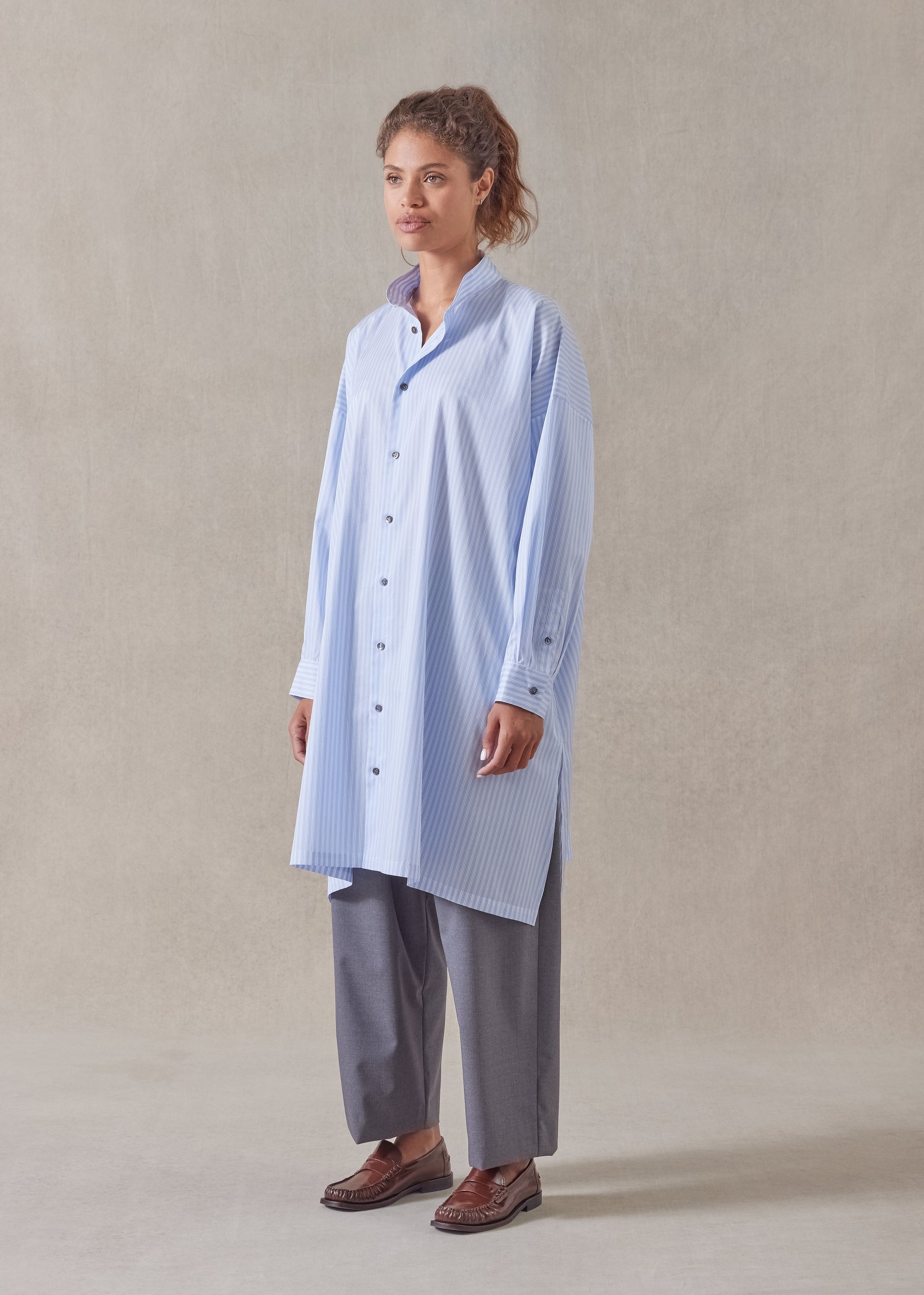 cotton wide a-line collarless shirt - very long with slits