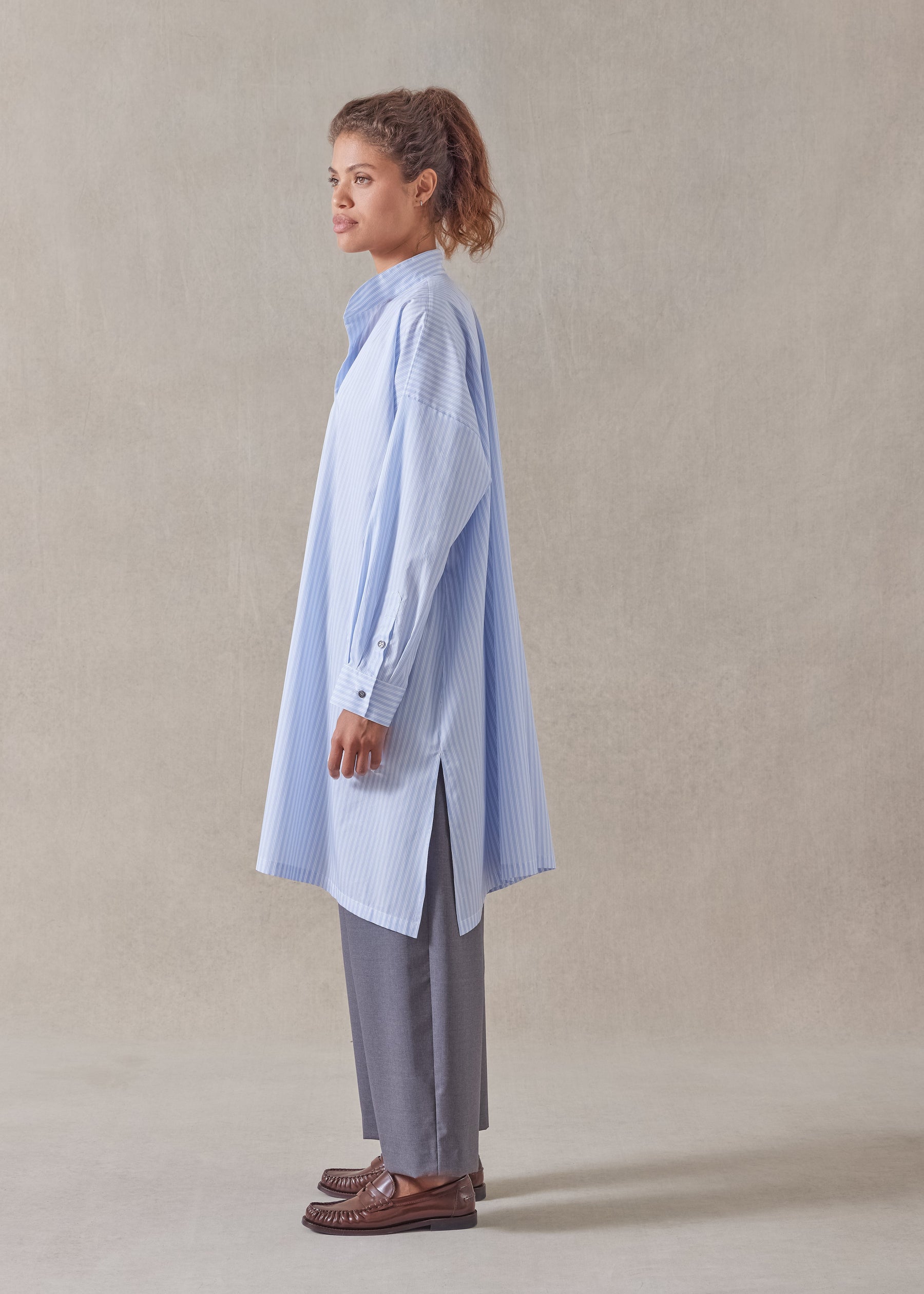 cotton wide a-line collarless shirt - very long with slits