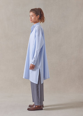 cotton wide a-line collarless shirt - very long with slits