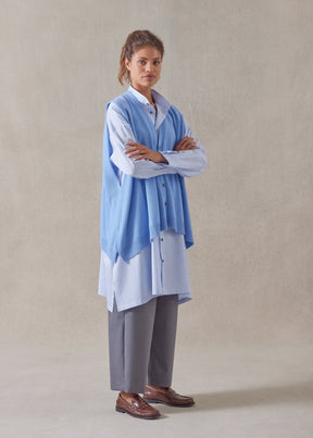 cotton wide a-line collarless shirt - very long with slits