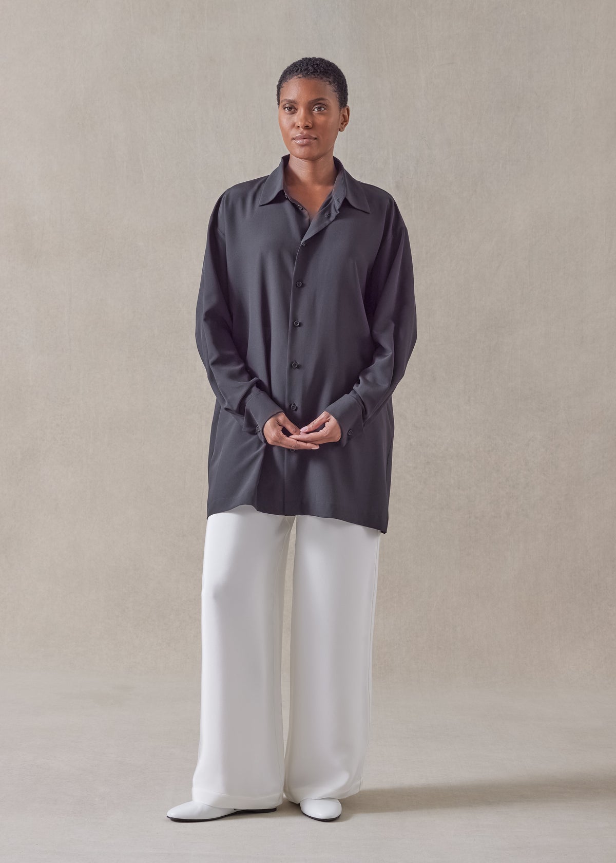 silk slim a-line back pleat shirt with collar - long plus