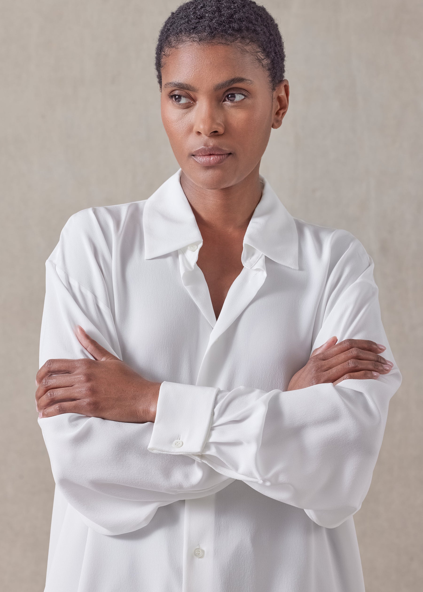 silk slim a-line back pleat shirt with collar - long plus