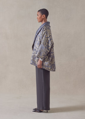 metallicised mix reversible sloped shoulder shawl collar jacket - long