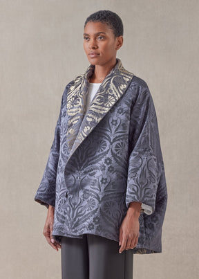 metallicised mix reversible sloped shoulder shawl collar jacket - long