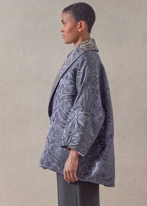 metallicised mix reversible sloped shoulder shawl collar jacket - long