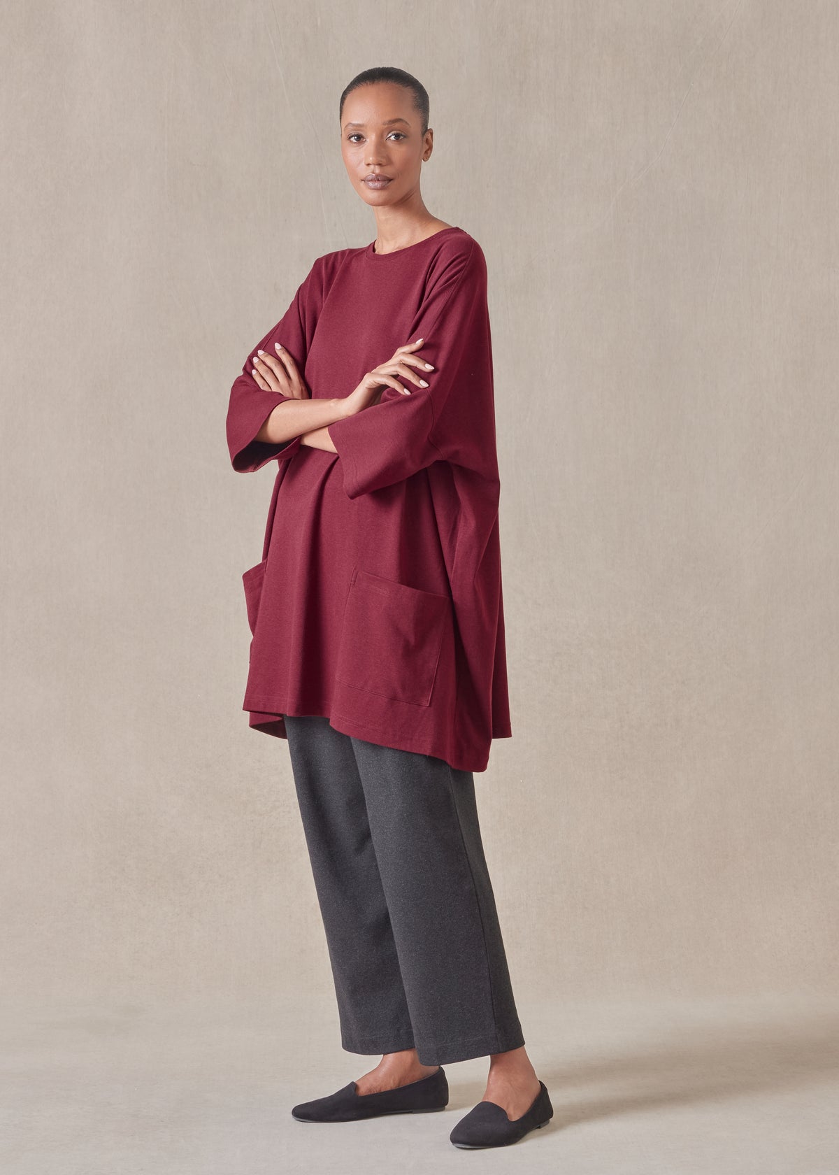 cotton jersey sloped shoulder round neck poncho - long plus