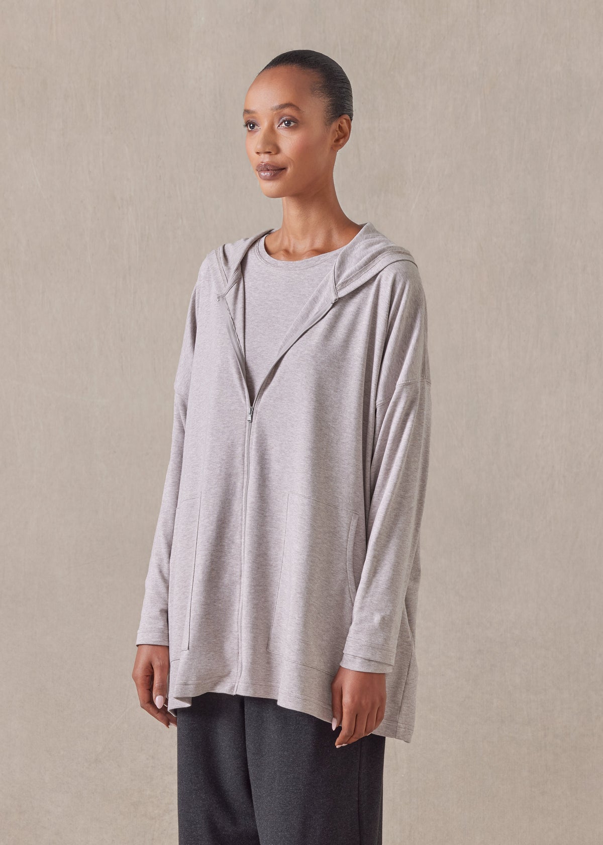 cotton jersey zipped hooded top - long