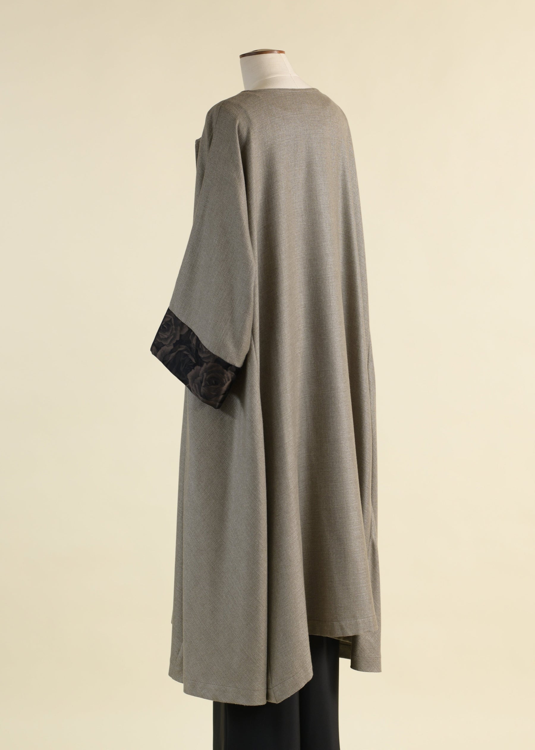 cashmere silk mix round neck coat with bias side panel and cuff detail