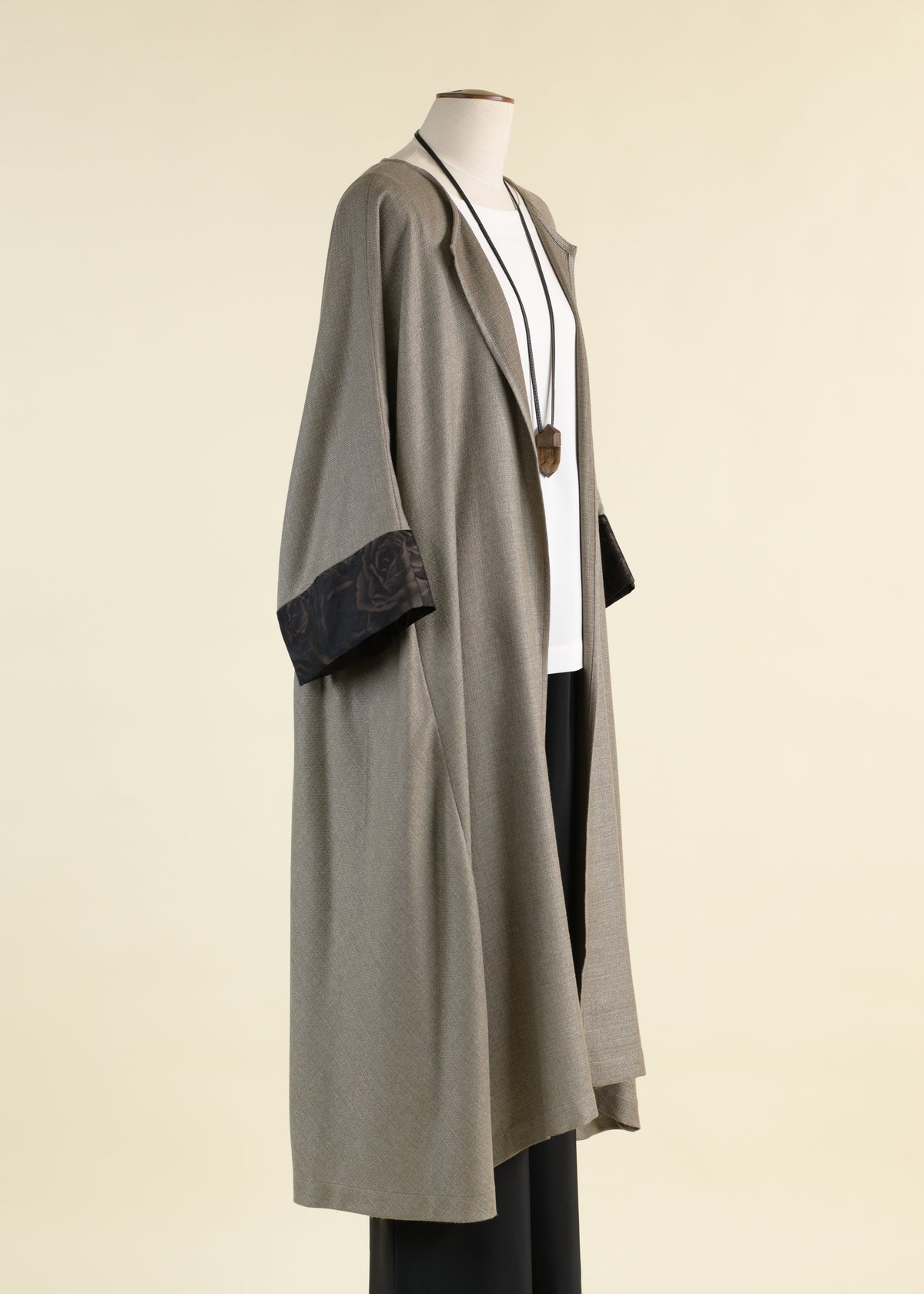 cashmere silk mix round neck coat with bias side panel and cuff detail