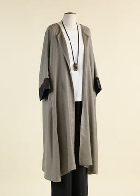 cashmere silk mix round neck coat with bias side panel and cuff detail